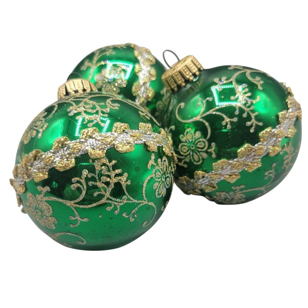 Green & Gold Floral Christmas Ornaments Set Of 3